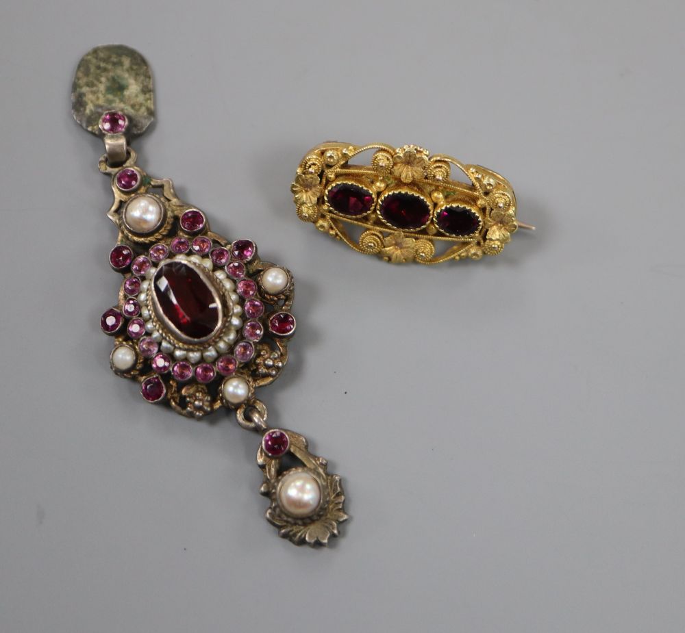 A 19th century continental white metal, garnet, pearl and pink paste set drop pendant(a.f.) & 1 other brooch.